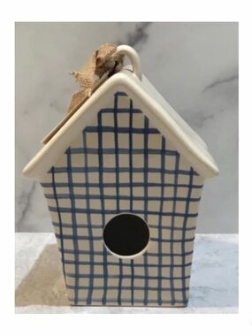 NEW Rae Dunn Blue Plaid PERCH Birdhouse  Farmhouse Decor Ceramic